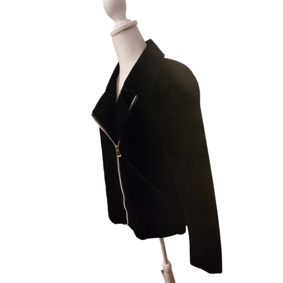 Roz & Ali Black Velvet Moto Biker Jacket Sz Medium Quilted Front Bottom Band - Picture 6 of 10